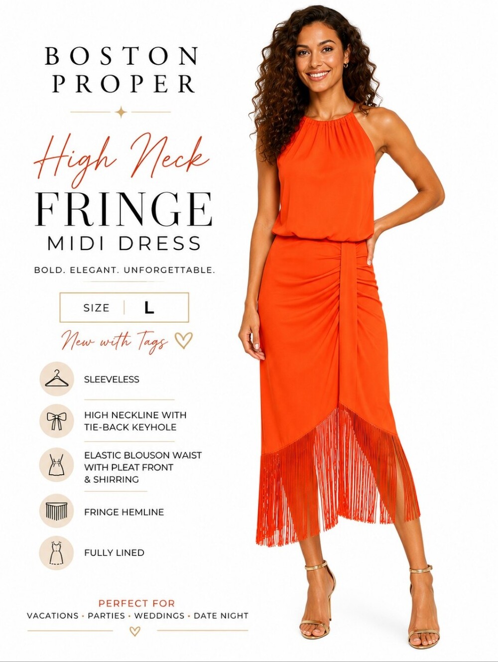 Boston Proper High Neck Fringe Midi Dress – Vibrant Orange | NWT